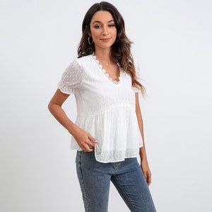 Swiss Dot Scalloped Lace Trim Peplum Top